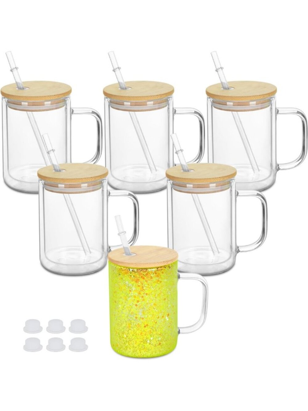 15 Oz Double Wall Glass Snow Globe Tumblers with Handle - 6 Pack DIY Glitter